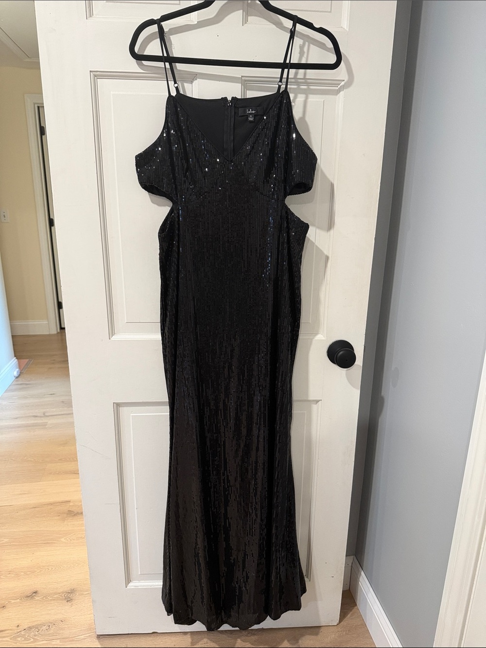 Lulu's Black Sequined Cold-Shoulder Evening Dress